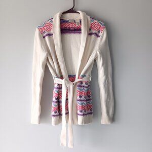 L.L. Bean Cardigan Belted Sweater Snowflake White Blue Red Purple Large 14-16